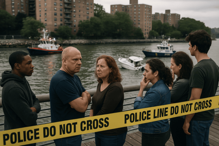 Worried New Yorkers standing near the waterfront watching smoke rise from the Hart Island boat fire.